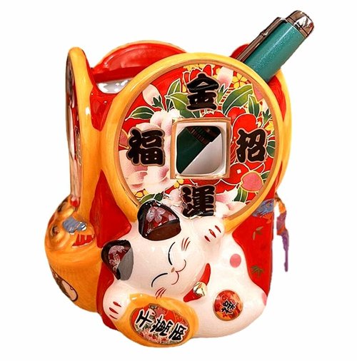 EatingBiting 4.1" Ceramic Pencil Holder for Organizer Cooking Utensil Holder Cactus Pot Fortune Japanese Lucky Beckoning Cats coin treasure Maneki Neko Flower Pot Vase Pen Holder