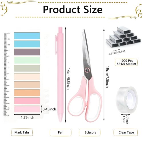 Office Supplies Set,Desk Accessories,Stapler and Tape Dispenser Set,1000 Staples,Staple Remover,Hinder Clips,Scissor,Index Tabs,Clear Tape,Ballpoint Pen,Gifts for Colleagues(Pink)