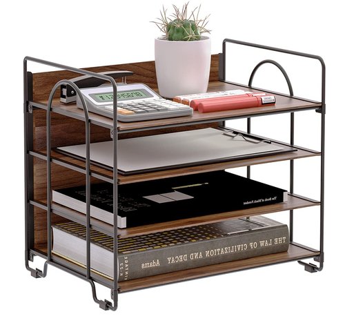 LUCYCAZ 4 Tier Paper Organizer for Desk - Wood Desk Organizer, Metal Paper Tray Organizer, File Organizer for Office Home School, Black