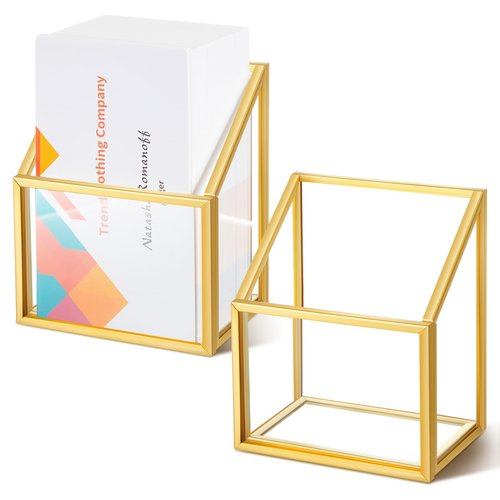 Marspark 2 Pcs Vertical Business Card Holder Gold Glass Sticker Display Stand for Desk Name Card Organizer Storage for Office Meeting Desk Countertop
