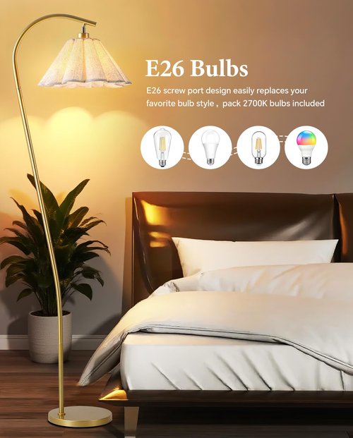 Gold Floor Lamp with Pleated Linen Lampshade, Modern Flower Floor Lamp for Living Room Arc Standing Lamp, Tall Lamp for Bedroom Office Dining Room(Bulb Included)