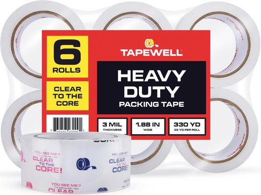 TAPEWELL Heavy Duty Clear Packing Tape - 1.88 In x 54.6 Yd | Durable Shipping Tape Refills, Pack of 6