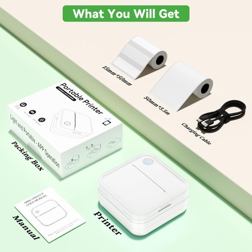 Miouca Label Maker Machine with Tape - Mini Sticker Printer Bluetooth Label Printer for Home Office Organization, Portable Thermal Sticker Maker Print Pod with Multiple Templates for Phone(White)