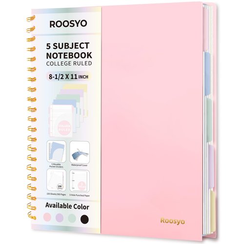 Aesthetic 5-Subject Notebook College Ruled with 5 Movable Tab Dividers & Pockets, 150 Sheets, 3-Hole Punched, Spiral Notbook, Plastic Cover, Fits 8.5"x11", 68gsm Paper, Includes Writable Stickers – Cute School Journal or Office Supplies, Pink