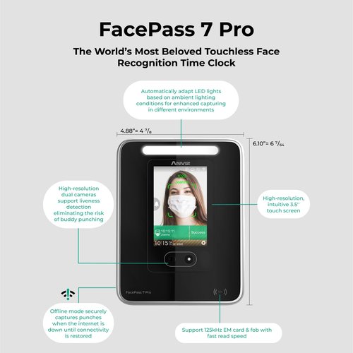 ANVIZ Time Clocks for Employees Small Business - FacePass 7 Pro Biometric Clock in and Out Machine - Face + RFID + Pin Punching in one, Support Door Access, Forever Free Cloud Software