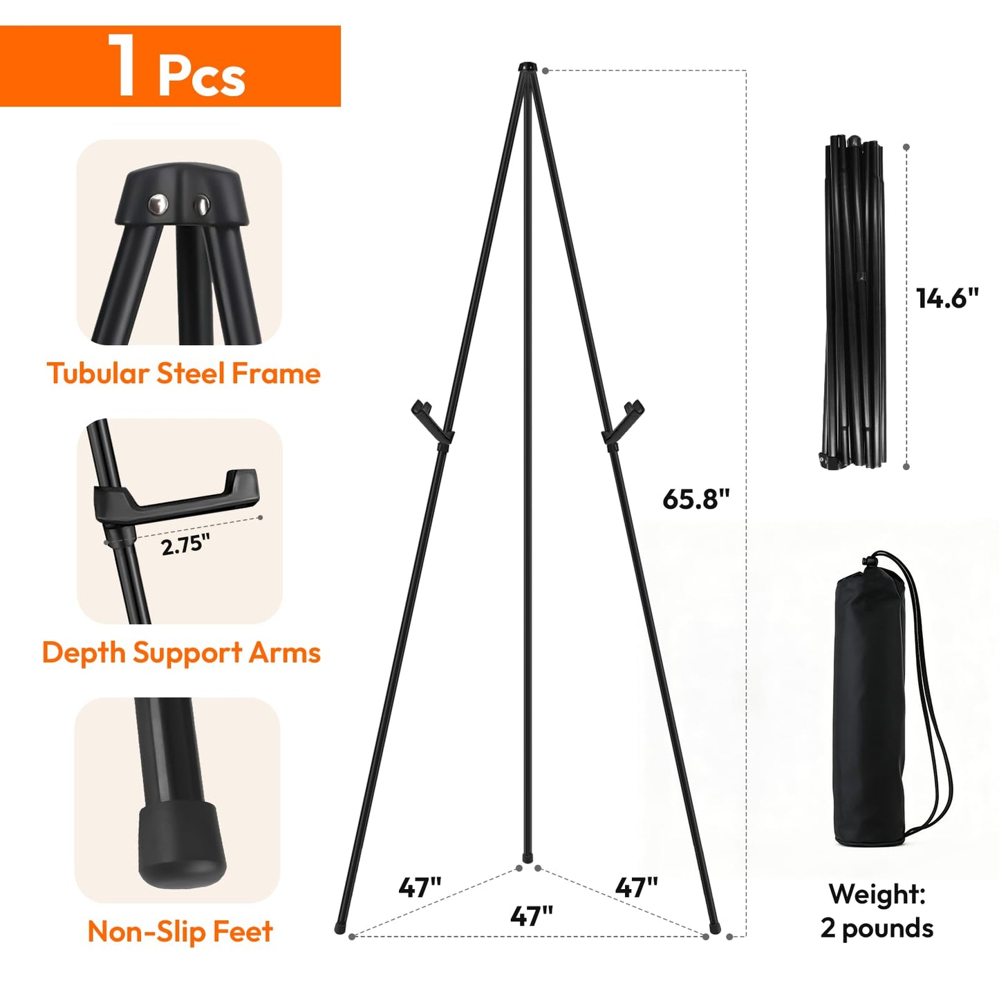 JEAWIWI 1 PCS Black Lightweight Easel Stand, 66 Inch Portable Display Easel for Posters, Foam Boards, Signs, Art Displays & Indoor Events with Carry Bags