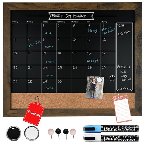 Loddie Doddie Chalkboard Calendar & Bulletin Combo - 18" x 24" Rustic Frame, with Chalk Markers, Push-Pins, Magnets, Blackboard - Kitchen Wall Calendar Organizer