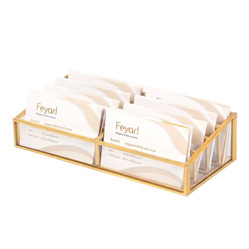 Feyarl Gold Glass Business Card Holder 8 Slots Large capacity Name Cards Display Stand Business Cards Holders Organizer Storage for Office Meeting Store Front Desktop Countertop
