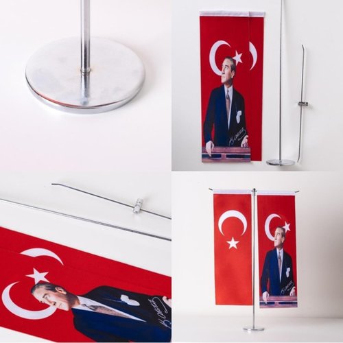Atatürk & Turkish Flag Double Desk Flag - Satin - 8.5X25 cm