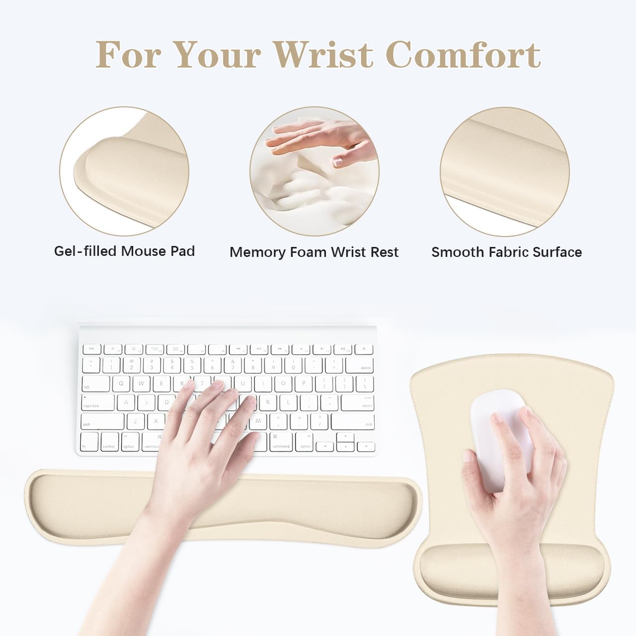 Skiennix Ergonomic Wrist Rest Set - Comfortable Memory Foam Keyboard Pad & Soft Gel Mouse Pad | Pain Relief for Gaming & Office, Apricot