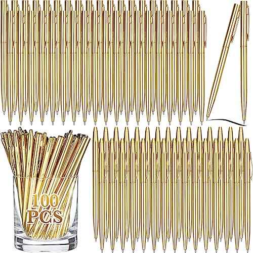 Fuutreo 100 Pack Wedding Gold Pens Bulk Gold Metal Pens Slim Ballpoint Retractable Ballpoint with Black Ink Mini Conical for Wedding Favors Guests, Office Business Teachers,1.0 mm