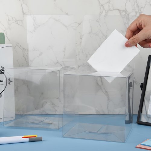Bouiexye 3 Pack Raffle Boxes with Slot Ballot Box, Raffle Box Suggestion Boxes Donation Box for Fundraising Collecting Card Tickets and Voting Contest with Erasable Color Pens(Clear)