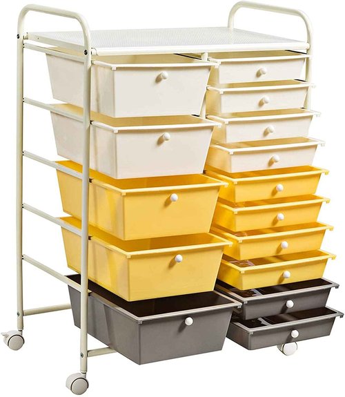 15-Drawer Storage Cart, Mobile Rolling Utility Cart w/Wheels, Multipurpose Organizer Cart for Tools, Scrapbook, Paper, Ideal for Home Office School (Yellow)