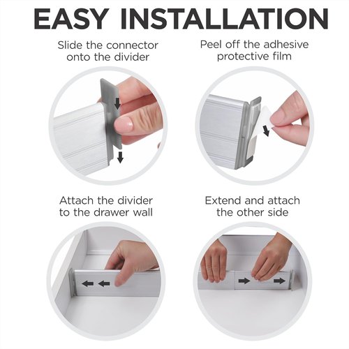Practical Comfort Custom Drawer Organizer 6 Adjustable Aluminum Dividers, White – For Kitchen, Bathroom, Office, and More