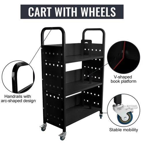 OUKIDR Book Cart, 200LBS 3-Shelf Library Cart, Single Sided V-Shaped Rolling Book Cart with 2 Lockable Wheels for Home Shelves Office School Book Truck, Black