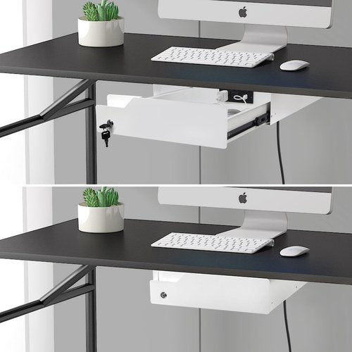 Lumil Under Desk Mounted Drawer Lockable with Charging Station Power Strip and Foldable Cable Management Arm for Office Desk 15.7" (W) x 15.7" (D) x 4.4" (H), White