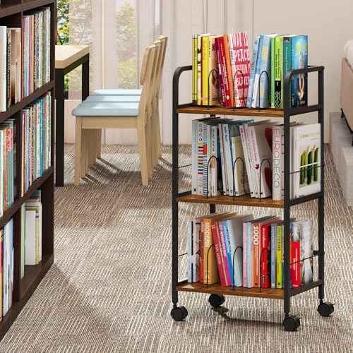 Rolling Book Cart with Removable Dividers, 3-Tier File Cart with Wheels, Utility Storage Rack for Office, Home, Classroom, Art Supply Organizer, Binder and Laptop Shelf Rack