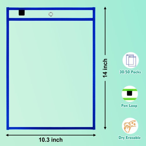 EEHZTSI 30 Pack Dry Erase Pocket Sleeves, Reusable Clear Plastic Classroom Sleeves, 10x14 Inch Ticket Holders