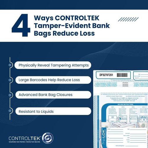 ControlTek TripLok 15" x 20", Clear, 50 Bags Tamper-Evident Deposit Bags for Cash Handling & Valuables, Moisture, Heat and Cold Sensitive Ink, Tear-off receipt + Large Barcodes 585048