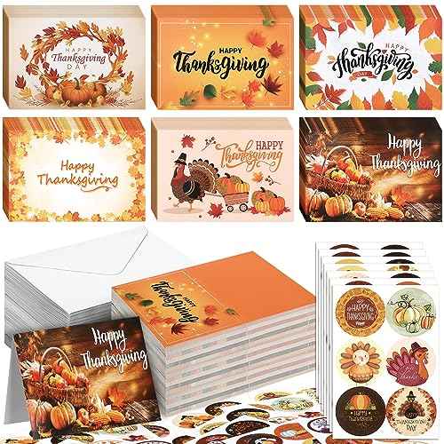 120 Pack Thanksgiving Greeting Cards with Envelope Bulk 4 x 6 Inch Happy Fall Pumpkin Holiday Family Card and 120 Pack Blank Envelope 24 Pcs Turkey Harvest Sticker Friendsgiving Religious Party Supply