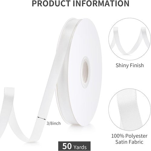 3/8" White Satin Ribbon by [Brand Name] - 50 Yards for Gift Wrapping & Floral Bouquets | Perfect for Weddings & Crafts