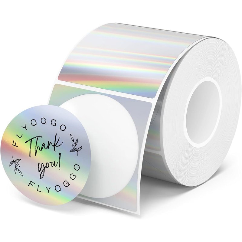 FLYQGGO 2 inch Round Holographic Thermal Sticker Labels, Waterproof & Rainbow Wave & Glitter Design, for Price/Name Tag, Barcode, DIY Custom Logo Design, Sliver(200Pcs/Roll)