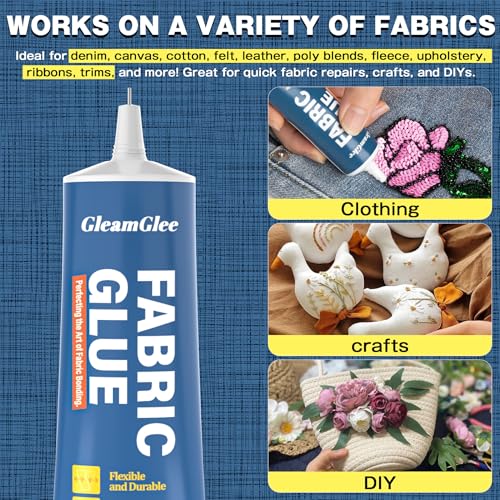 GleamGlee Clear Permanent Fabric Glue 1 Pack - Washable No-Sew Adhesive for Patches, Rhinestones & Clothing Repair
