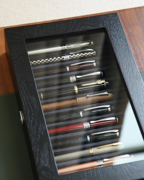Bonaking Wood Pen Display Case with 12 Pens, Fountain Pen Display Box, Lockable Pen Storage Box with Glass Top, Pen Box Organizer, Pen Collection Display Case (Black with Gray Velvet)