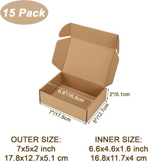 Shipping Boxes Set of 15 - 7x5x2 Inch Brown Cardboard Mailers for Small Business Packaging | Gift Wrapping