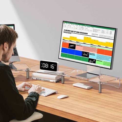 HEWYIOS dual monitor stand riser, 3-layer transparent acrylic monitor stand with anti slip pad, adjustable length and angle, suitable for 2 monitors, desktop, laptop, PC, printer, TV screen