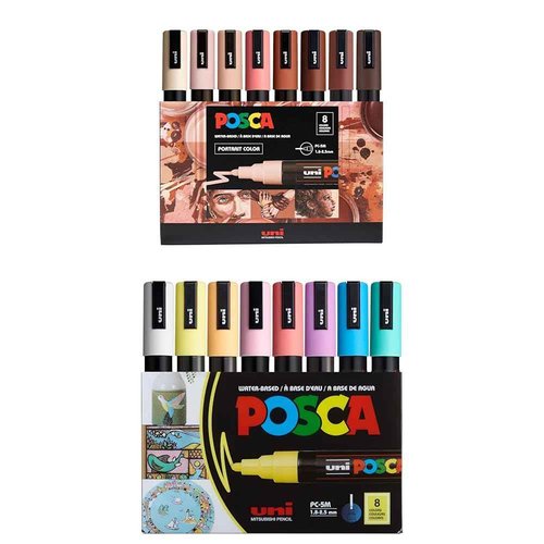 posca Markers Bundle, 16 Medium Paint Markers 5M - 8 Portrait Tones + 8 Soft Tones