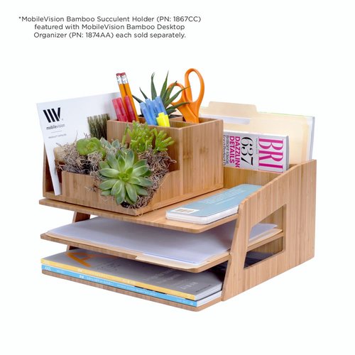 MobileVision Bamboo Succulent Plant Holder Desktop Organizer for Pens Pencils Files & Notepads; Gift for Back To School Teachers Employees Assistants