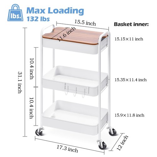 TOOLF 3-Tier Rolling Cart with Table Top, Metal Storage Cart on Wheels, Utility Organizer with Wooden Tray, Lockable Casters, Easy Assembly for Bathroom, Living Room, Office, Kitchen, White