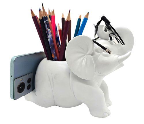 MONMOB DIY Elephant Pencil Holder with Phone Stand Tablet PC Holder for Desk Elephant Glasses Holder Elephant Pen Cup Home Office Decor Desk Decor White Elephant Gifts