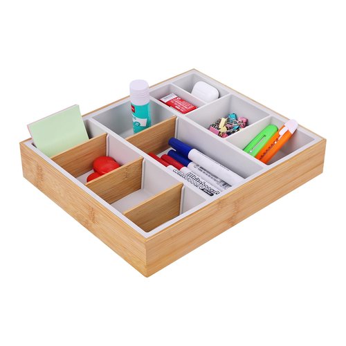 Hitseon Bamboo Desk Drawer Organizer Tray, Silicone Sturdy Junk Drawer Organizer with 10 Adjustable Compartments, Desk Organizers and Accessories with 4 Removable Dividers for Office Home (White)