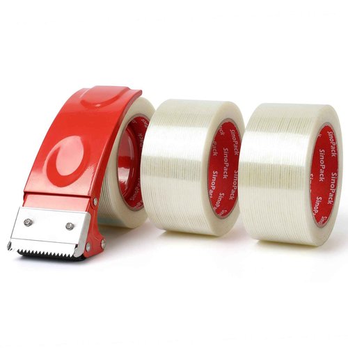 SinoPack Strapping Tape with Dispenser, 6 Pack 2 Inch x 30 Yards 5.5 Mil, Heavy Duty Reinforced Fiberglass Tape for Moving,Shipping,Storage