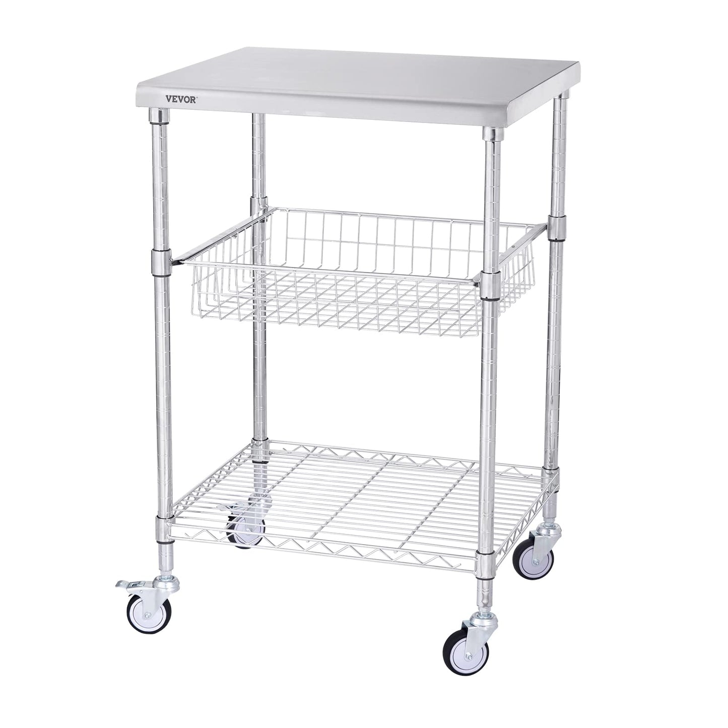 VEVOR Kitchen Utility Cart, 36.6"x20"x24" 3 Tiers Wire Rolling Cart, 470LBS Capacity Steel Service Cart with Brake Wheels, Storage Trolley with 76mm Basket PP Liner 6 Hooks, for Indoor & Outdoor Use
