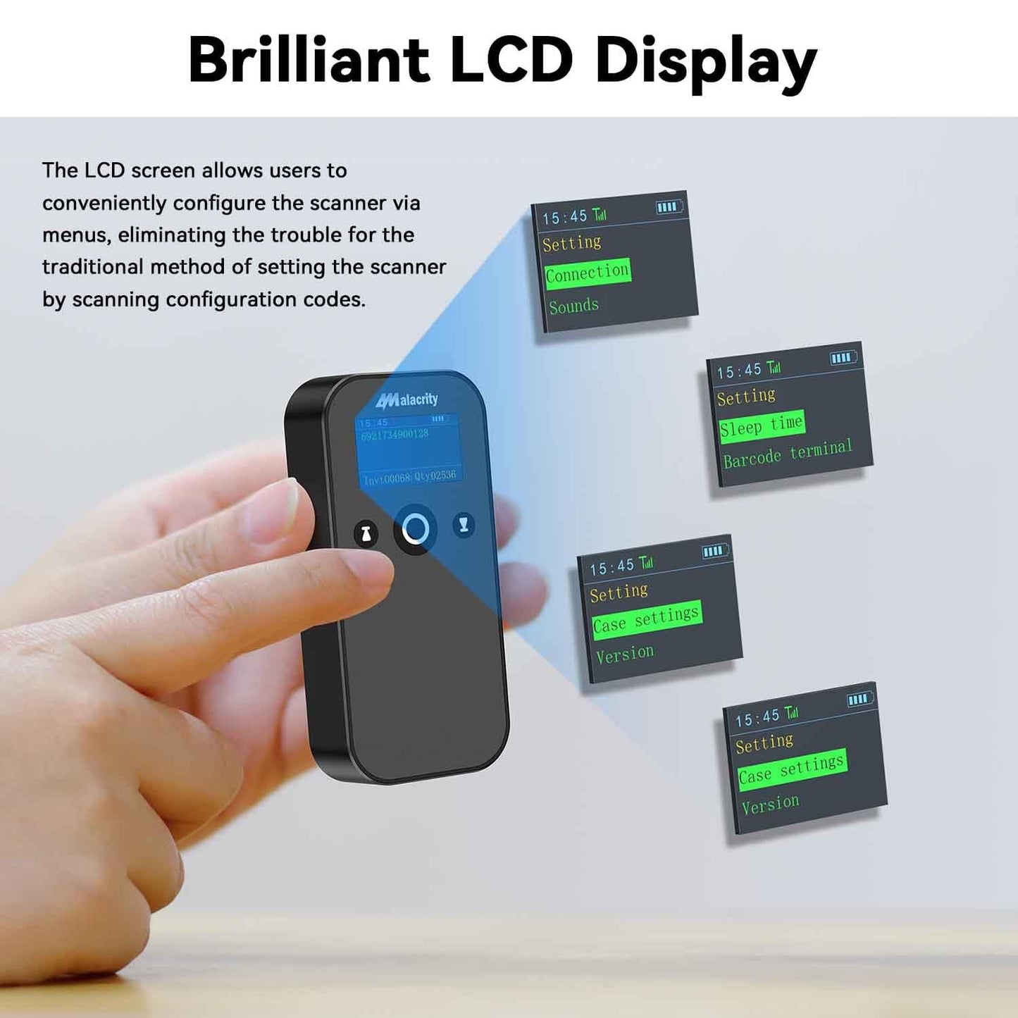 Alacrity Portable 1D 2D Wireless Barcode Scanner with LCD Display, Bluetooth 2.4 GHz Wiredess USB Wired 3 in 1, Lightweight Mini QR Code Readers for Computer, Tablet, Smartphone