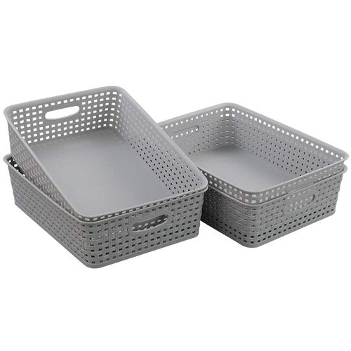 Kiddream 4 Packs Office Paper Trays, Plastic Shallow Storage Basket Trays, Grey