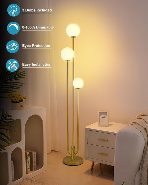 Lightdot 63-Inch Gold Floor Lamp - Dimmable 3-Light Globe LED Design | Soft Warm White for Living Room & Bedroom Decor