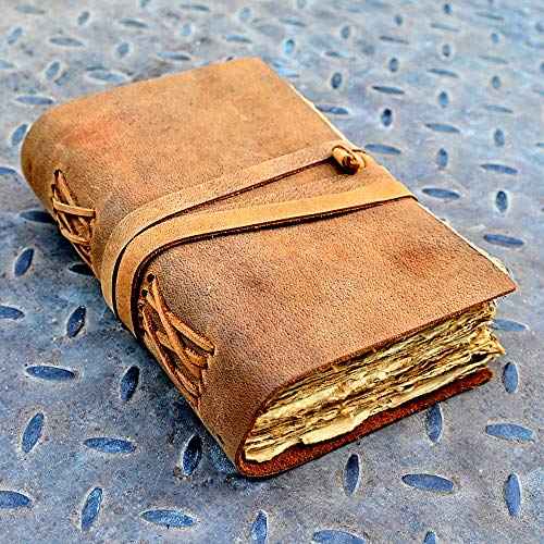 Vintage leather journal - Deckle Edge Rustic Paper - Best leatherbound Pages Book of Shadows, Grimoire, Junk Journal, Fantasy medieval gifts, antique calligraphy notebook (Caramel, 12"x9" (A4))