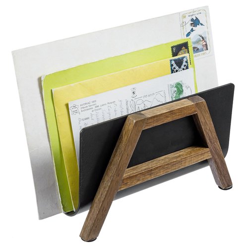 MyGift Modern Desktop Mail Holder, Urban Solid Acacia Wood and Matte Black Metal Tabletop Letter Sorter