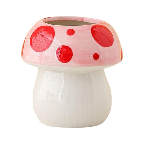 LOTIKOU Mushroom Ceramic Pencil Pen Holder Mushroom Ceramic Makeup Brush Holder for Desk Accessories Pencil Cup Plant Pot Office Home (Pink)