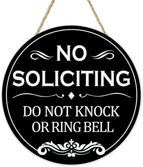 Funny No Soliciting Front Door Sign by [Brand Name] - Humorous Wooden Hanger for Home or Office Decor | Black Indoor Wall Decoration