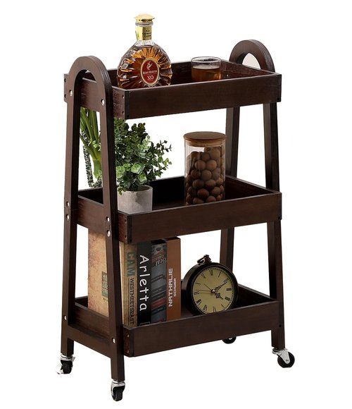 Kersiki 3-Tier Wooden Rolling Cart- Wooden Utility Cart wit Wheels- Utility Rolling Cart-Storage Trolley Organizer- Rolling Kitchen Cart Serving Cart for Office,Kitchen, Kids' Room (Walnut Color)