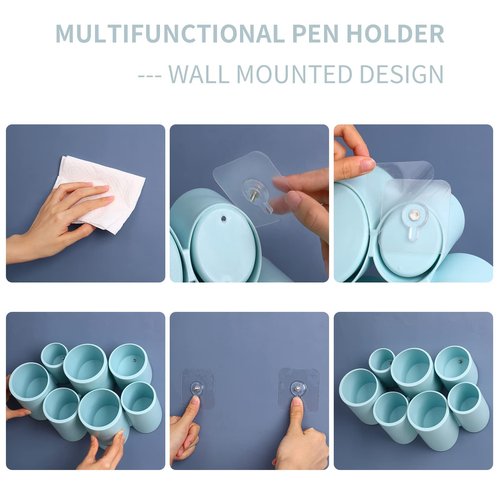 Yesesion Aesthetic Pencil Holder for Desk, Large Decorative Adhesive Wall-Mounted Pen Organizer with 7 Compartments, Round Marker Case Stand for School Supplies, Office, Home, Art, Stationery (White)