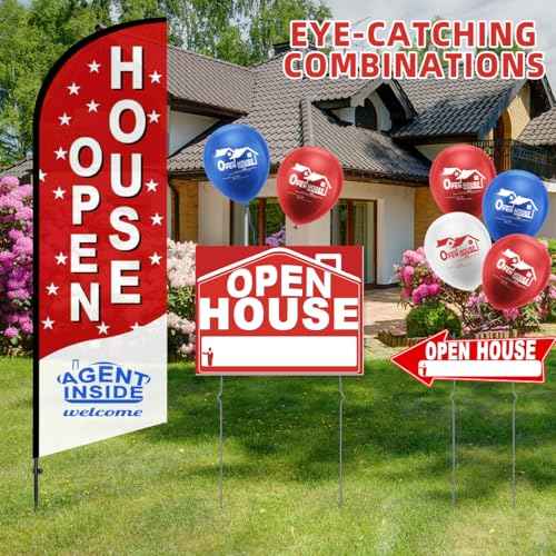 56 Piece Open House Signs for Real Estate Kit, 1 Open House Flag, 9 Double-Sided Estate Sale Arrows and Signs with Metal Stakes, Plus 24 Balloons, Suitable for Real Estate Brokerage Supplies (red)