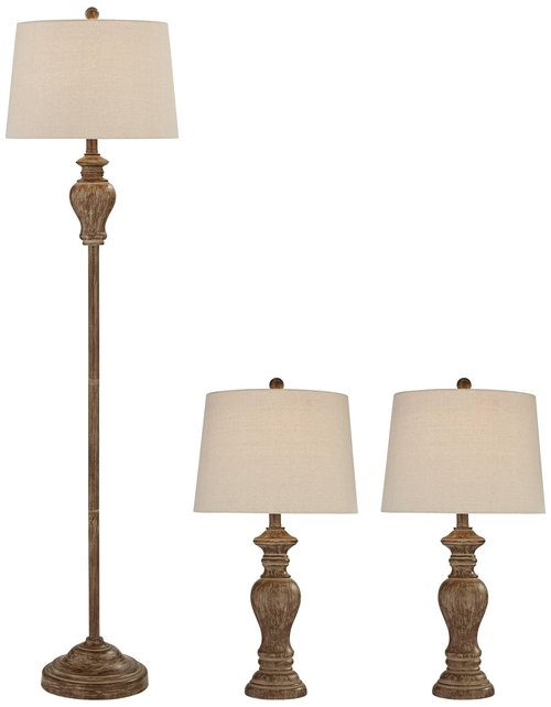Regency Hill Sutton Traditional Natural Cottage Table and Floor Lamp Set Brown Faux Walnut Wood Finish Fabric Off-White Shade Living Room Bedroom Bedside Nightstand House Office Home Reading