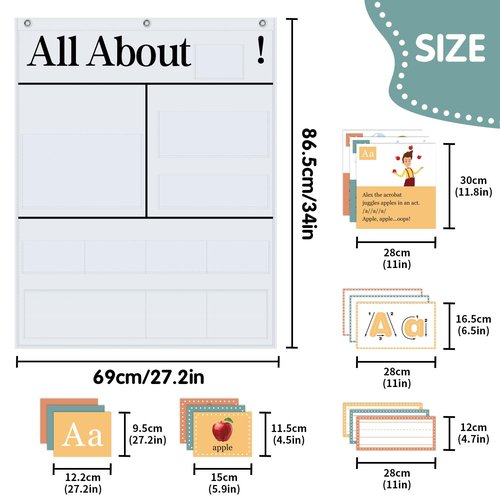 BOHEMIABY All About Letters Pocket Chart with 99 ABC Flash Cards, Letter of The Day/Week Daypocket Chart, Letter Tracing Learning Educational Wall Chart Preschool Classroom Homes, 34" X 27"White