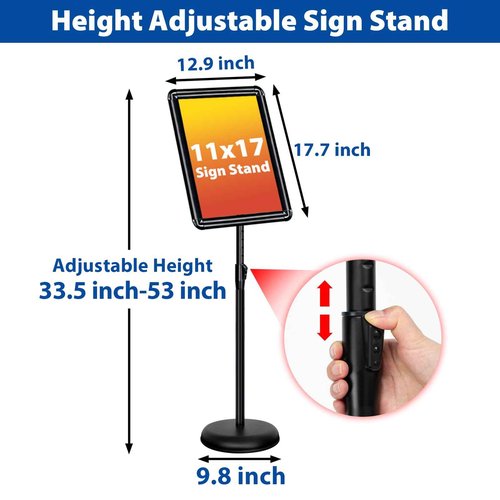 VAIIGO 11x17 Inch Adjustable Pedestal Poster Sign Stand, Heavy Duty Floor Standing Sign Holder Stand Aluminum Snap Open Frame for Vertical and Horizontal View Sign Displayed (Black, Round)